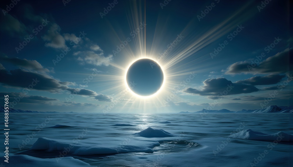 Obraz premium An eclipse casting fractal light across a frozen ocean