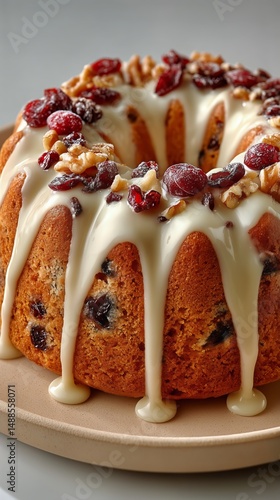 Delicious Bundt Cake Topped With Icing and Nuts Served on a Neutral Plate