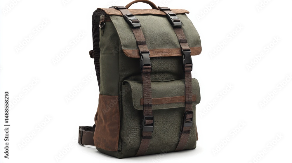 Naklejka premium Functional travel backpack with straps and pockets, white background 