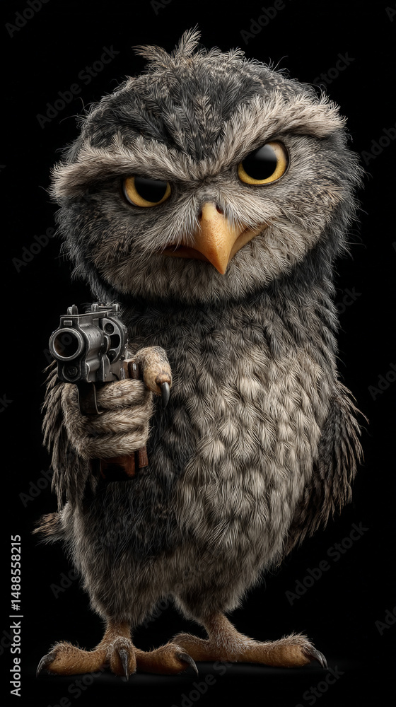 Naklejka premium In this striking and surreal composition, a eagle-owl takes center stage, aiming a gun directly at the viewer against a pitch-black background. Generative AI