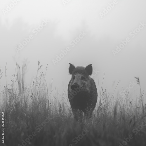 Wild boar standing in tall grass surrounded by thick morning fog

