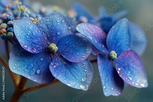 Vibrant Blue Flowers Glisten With Raindrops in a Peaceful Garden Setting Duri...