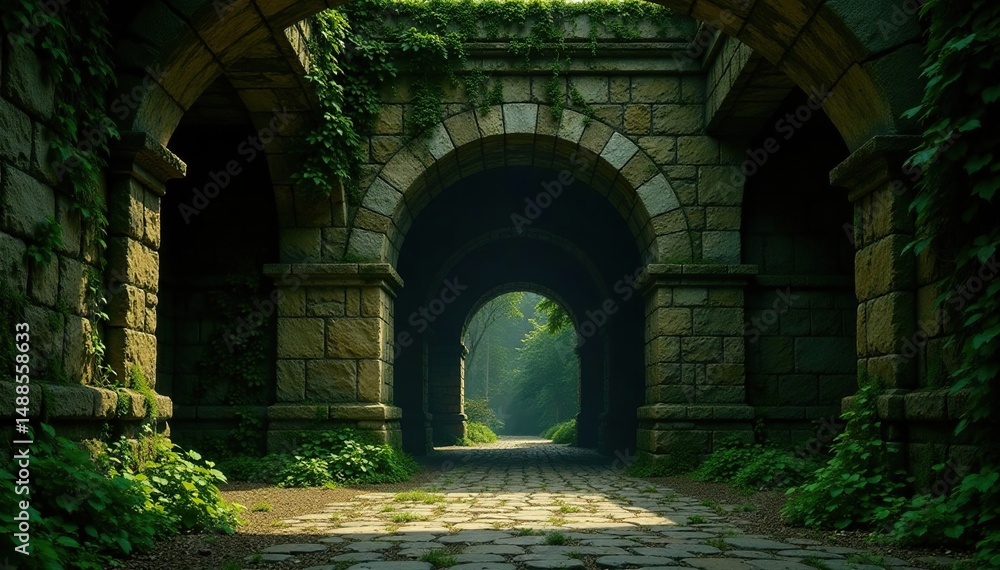 Obraz premium Overgrown stone walls, crumbling arches, ivy-covered pillars , magical, eroded