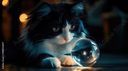A feline companion with a reflective sphere.