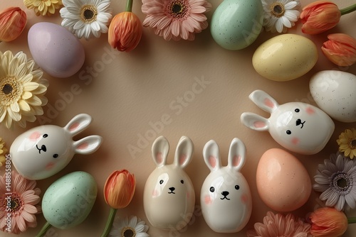 Decorative Easter Eggs and Bunny Figures Arranged With Colorful Flowers for S...