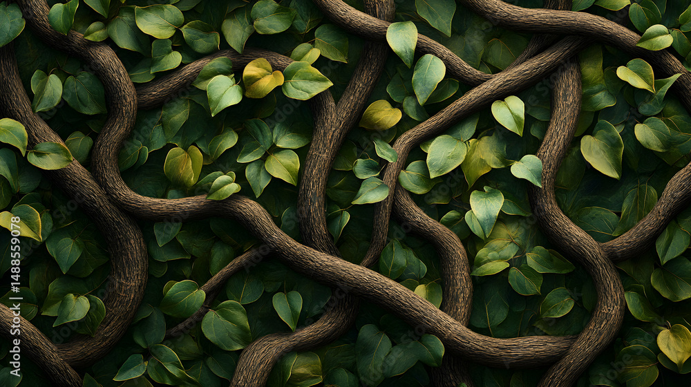 Obraz premium Lush Green Leaves Twisting Around Brown Vines in Nature Background