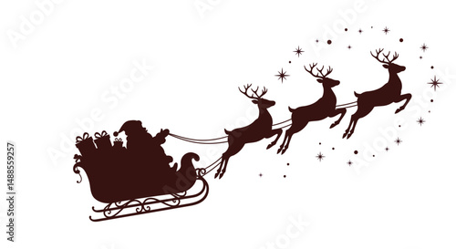 A festive illustration depicting Santa Claus on his sleigh with reindeer, delivering gifts. Perfect for capturing the joyful and magical spirit of Christmas celebrations and holiday traditions.

