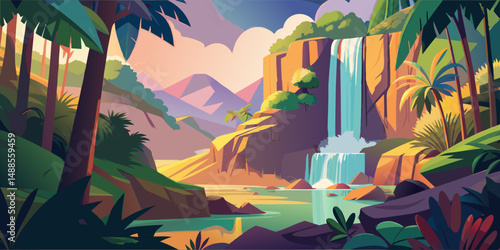 Tropical Paradise with Majestic Waterfall and Lush Greenery.