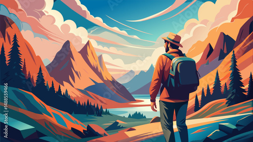 A lone hiker with a backpack walking towards a breathtaking mountain range with a serene lake in the background