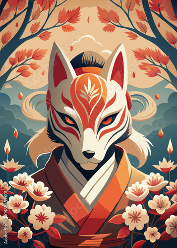Mystical Fox Mask Surrounded By Autumn Leaves And Flowers.