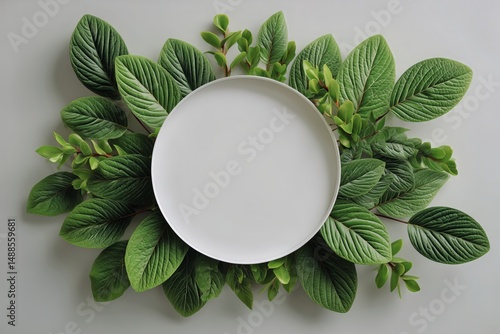 Decorative White Plate Surrounded by Vibrant Green Leaves on a Neutral Backgr...