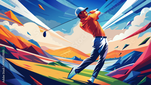 Dynamic Golfer Swinging Amidst Vibrant Landscape.