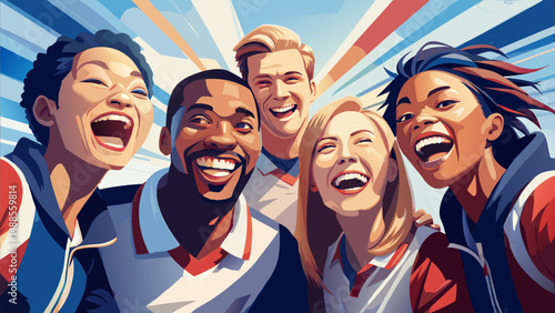 A happy and diverse group of friends laughing together.