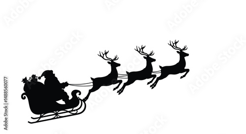 A festive illustration depicting Santa Claus on his sleigh with reindeer, delivering gifts. Perfect for capturing the joyful and magical spirit of Christmas celebrations and holiday traditions.

