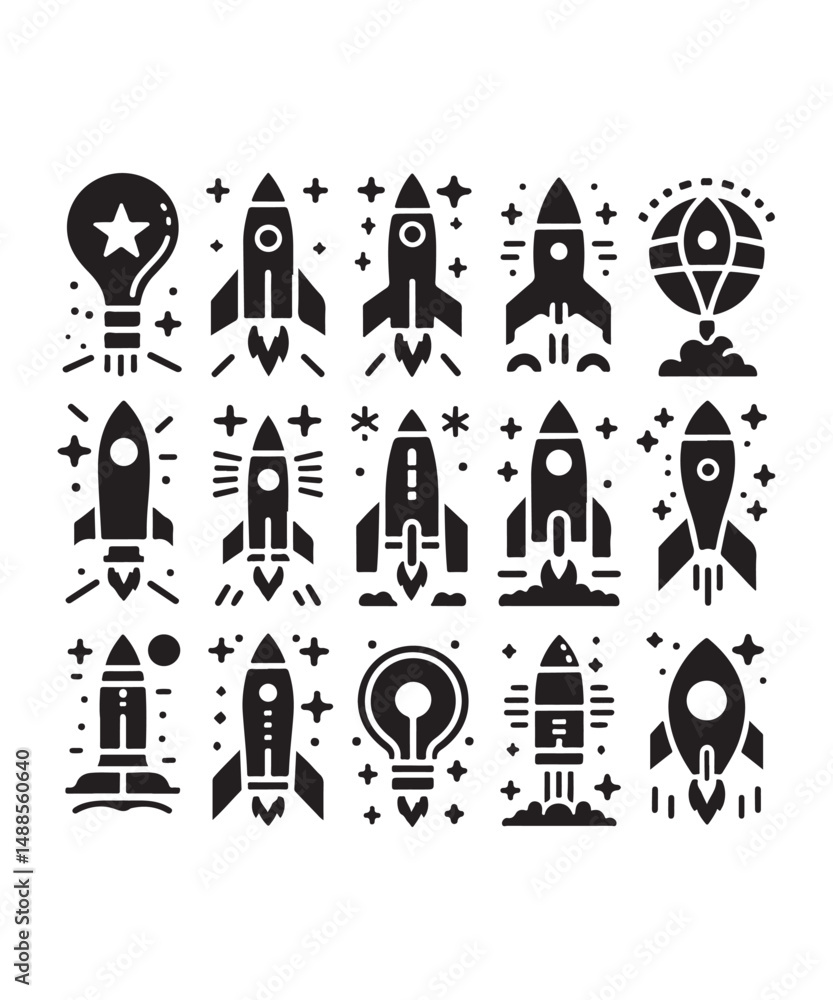 Naklejka premium Rocket launching silhouette vector illustration isolated on a white background, Rocket icons set.