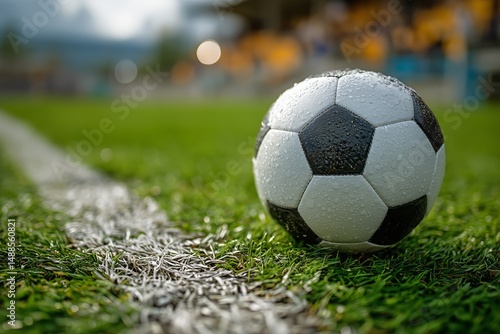 Soccer Ball on Green Turf Near White Line During Late Afternoon Practice Session