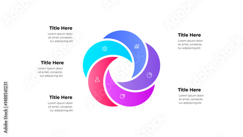Circular five step infographic featuring business related icons and descriptive text, ideal for presentations and visualization