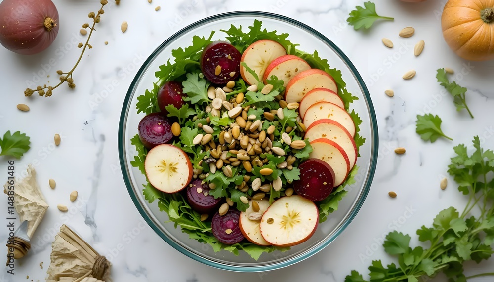 Colorful Fresh Salad with Apples Beets and Nuts in a Glass Bowl Surrounded by Ingredients Colorful Fresh Salad with Apples Beets and Nuts in a Glass Bowl Surrounded by Ingredients