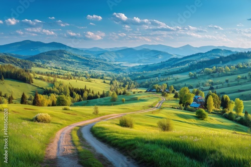 Breathtaking Rural Landscape With Winding Road Through Vibrant Green Hills at...