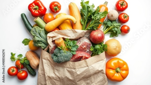 A paper bag overflowing with fresh produce and meat, a vibrant display of healthy eating