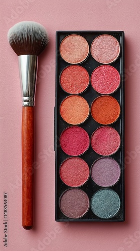 Colorful Eyeshadow Palette and Makeup Brush Displayed on Pink Background