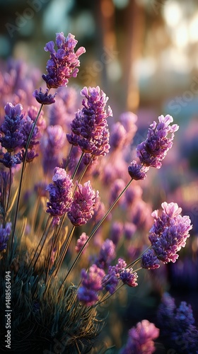 Purple Lavender Blooms Glow Softly in the Golden Light of a Peaceful Evening ...