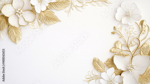 Elegant white background wedding card with gold filigree border and 3D floral corner design. Ideal for premium invitations, festive greetings, or luxury event stationery.

