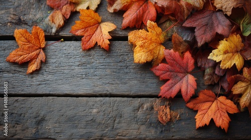 Colorful Autumn Leaves Scattered on a Wooden Surface During the Fall Season