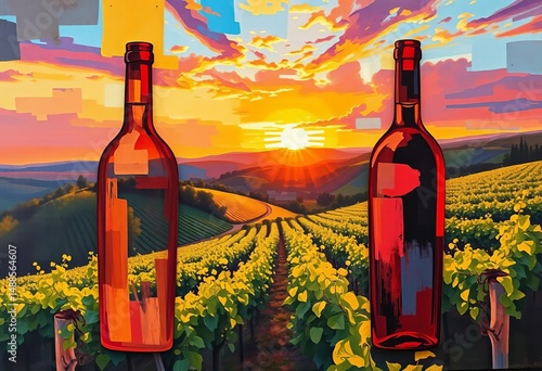 Abstract wine bottle shapes overlaying vibrant vineyard landscape painting, elegant, sun