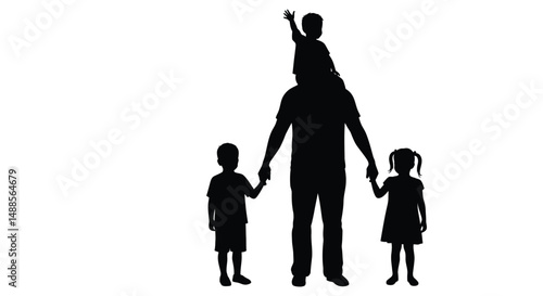 Illustration of a father carrying a child on his shoulder and holding hands with the kids, symbolizing love and family connections.

