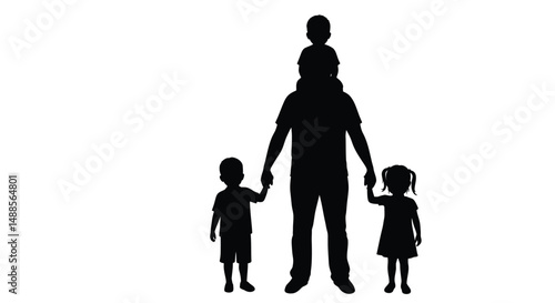 Illustration of a father carrying a child on his shoulder and holding hands with the kids, symbolizing love and family connections.

