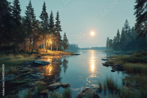 Moonlight Casting Reflections on a Tranquil Forest Lake in the Evening