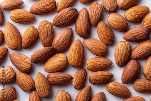 Almonds scattered across a light background showcasing their natural texture and color in a close-up view