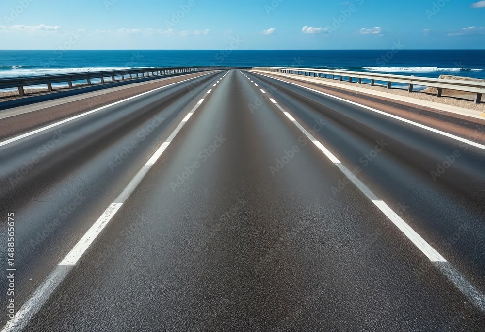 Naklejka premium Asphalt road lanes, white lines, ocean horizon, journey, street