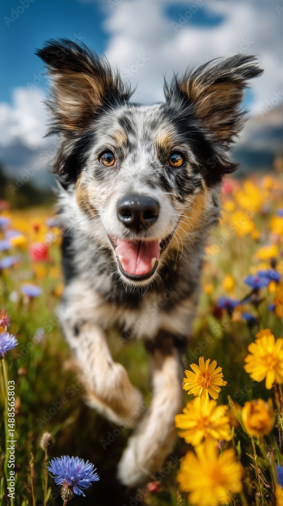 Fototapeta premium Joyful Dog Runs Through Vibrant Wildflowers Under a Blue Sky