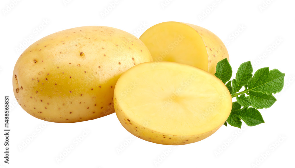 A young potato and slice isolated on transparent background
A young potato and slice isolated on transparent background
