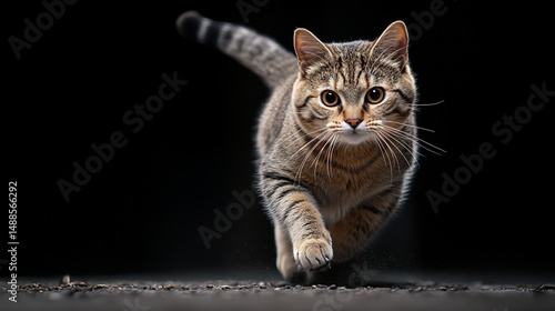 Beautiful cat in action, running on the ground, front view, black background.
