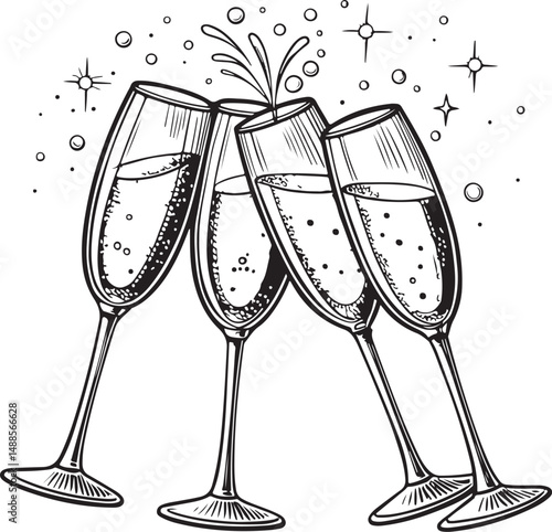 Several Group of Champagne Glasses Toasting Clinking Black and White Vector Illustration, Sketch Drawing Line Linear Symbol Icon Engraving, Hand-drawn Isolated