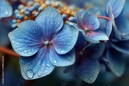 Vibrant Blue Flowers Glisten With Raindrops in a Peaceful Garden Setting Duri...