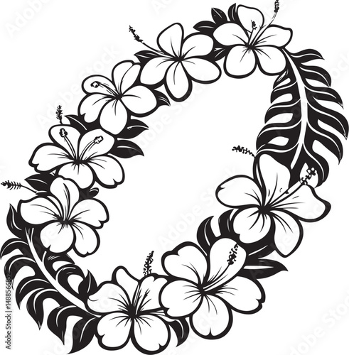 Hawaii Flowers Hawaiian Lei Black and White Vector Illustration, Sketch Drawing Line Linear Symbol Icon Engraving, Hand-drawn Isolated