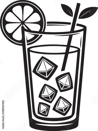 highball cocktail glass Black and White Vector Illustration, Sketch Drawing Line Linear Symbol Icon Engraving, Hand-drawn Isolated