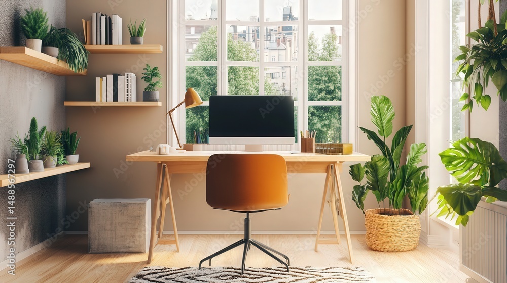 work-from-home setup with a desk, comfortable chair, and natural light, promoting focus and creativity in a modern environment work-from-home setup with a desk, comfortable chair, and natural light, promoting focus and creativity in a modern environment