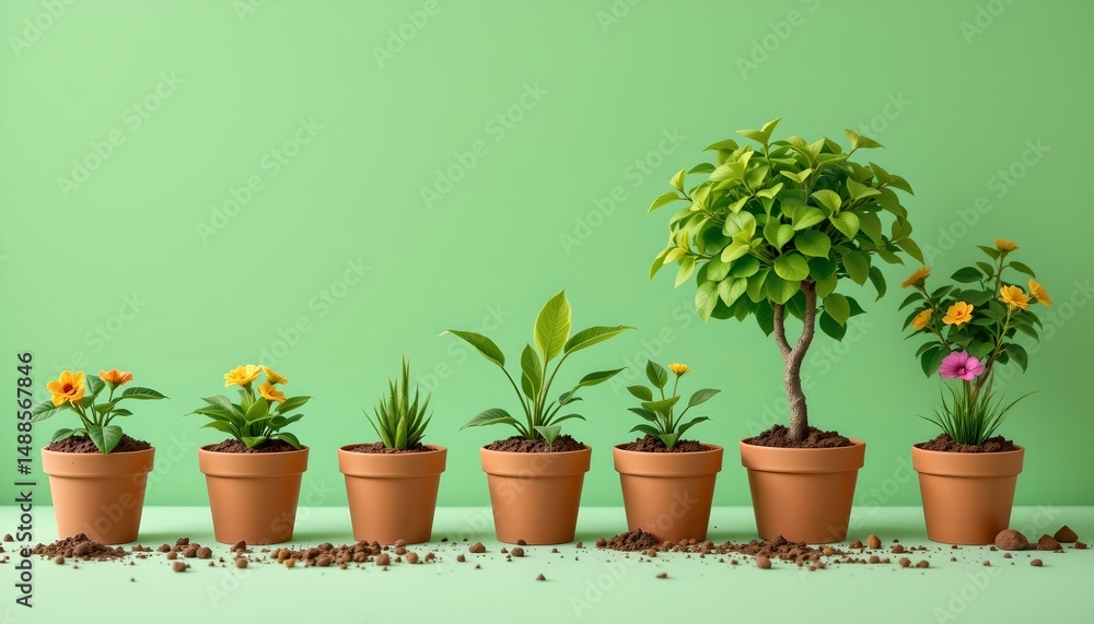 Obraz premium a collection of potted plants, each with different foliage and flowers, arranged in a straight line on a surface that appears to be potting soil