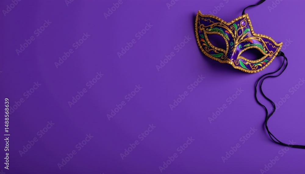 Fototapeta premium a vibrant purple background with a single, elaborate masquerade mask placed centrally on the surface. the mask is adorned in feathers and beads, adding to its festive appearance