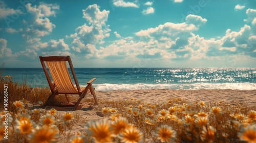 Relaxing Beach Scene With a Wooden Chair Surrounded by Flowers on a Sunny Day...