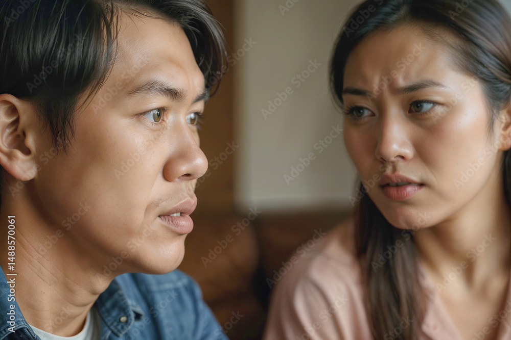 Angry Asian couple talking at living room, conflict in the family Angry Asian couple talking at living room, conflict in the family