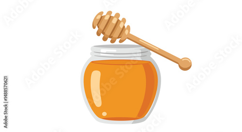 Illustration of a transparent glass jar filled with golden honey, paired with a classic honey dipper. Perfect for concepts of sweetness, natural food, or kitchen-related themes.