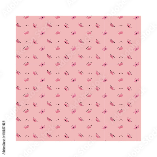 This delightful pattern features a charming array of pink crowns scattered across a soft pink background. The design is perfect for children's products, party decorations, and whimsical stationery