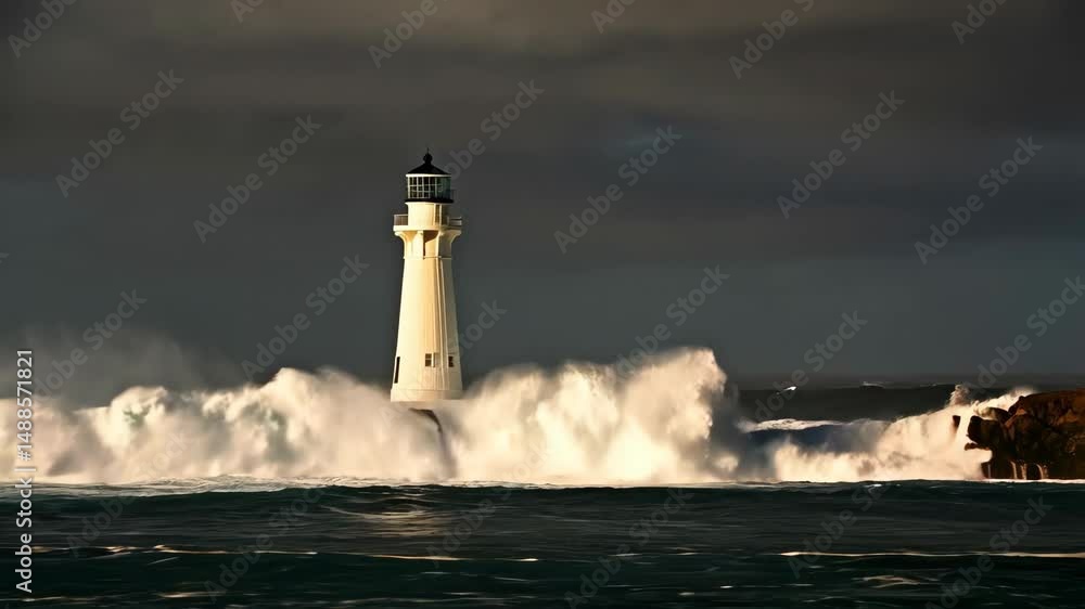 White lighthouse under dramatic stormy sky hit by large ocean waves crashing against the rocks, seascape White lighthouse under dramatic stormy sky hit by large ocean waves crashing against the rocks, seascape