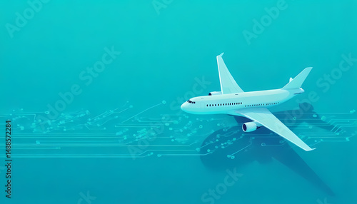 Wallpaper Mural An airplane floats in a teal-colored scene with a subtle digital circuit board design beneath it. Torontodigital.ca